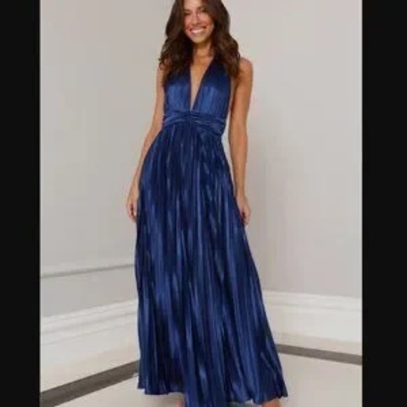 HELLO MOLLY SHIMMERING SEA PLEATED HALTER MAXI DRESS NAVY 6 - Picture 1 of 7